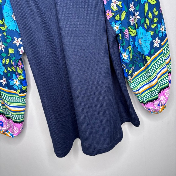 Umgee Waffle Blue Blouse Size XL Bright Floral Balloon Sleeve Navy Boho - Picture 5 of 9